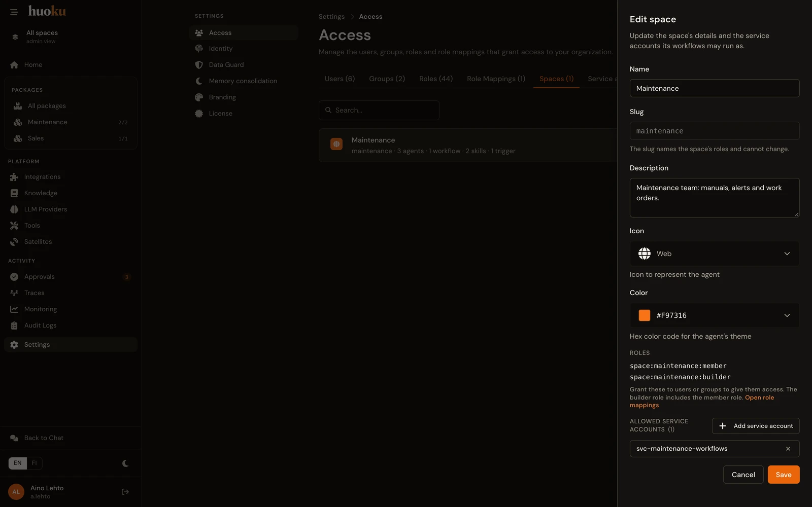 Access settings, Spaces tab: one Space with its members, builders and service accounts.