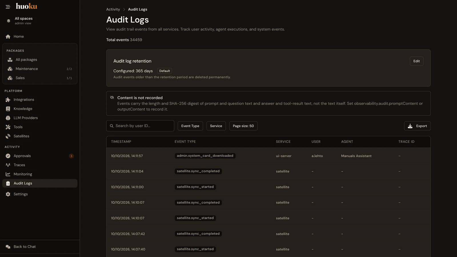 The audit log: retention setting, prompt and answer text not recorded by default, filters and export.