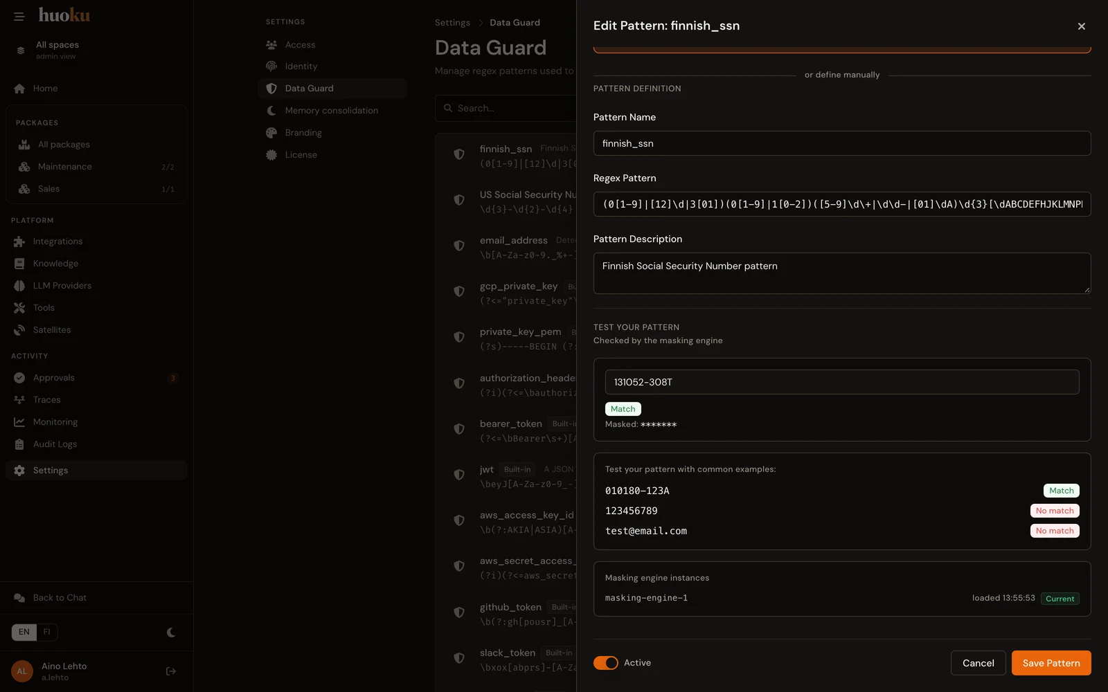 The Data Guard pattern editor: a Finnish personal identity code matched and masked in a live test, and the instances running the rules.