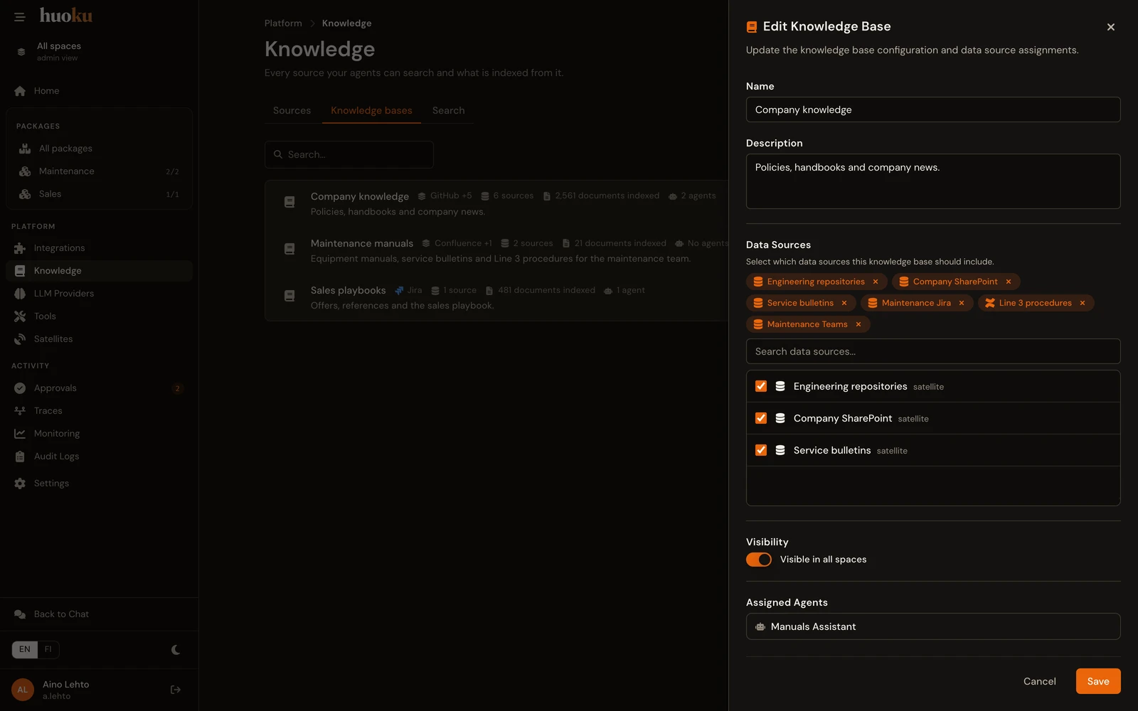 Editing a knowledge base: the sources it draws on, whether every Space can see it, and the agents assigned to it.