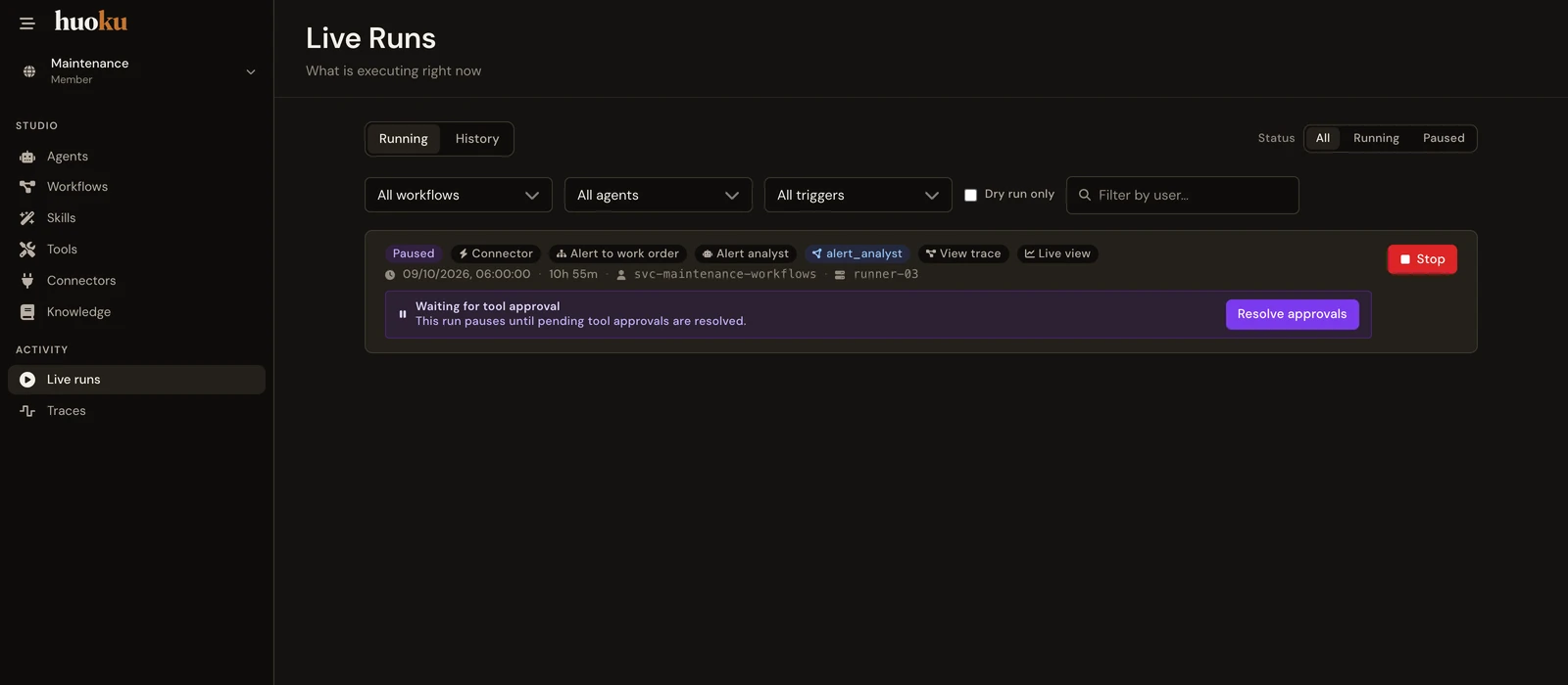 A workflow run paused in Live runs, waiting for a person to approve a tool call, with the button to resolve it.