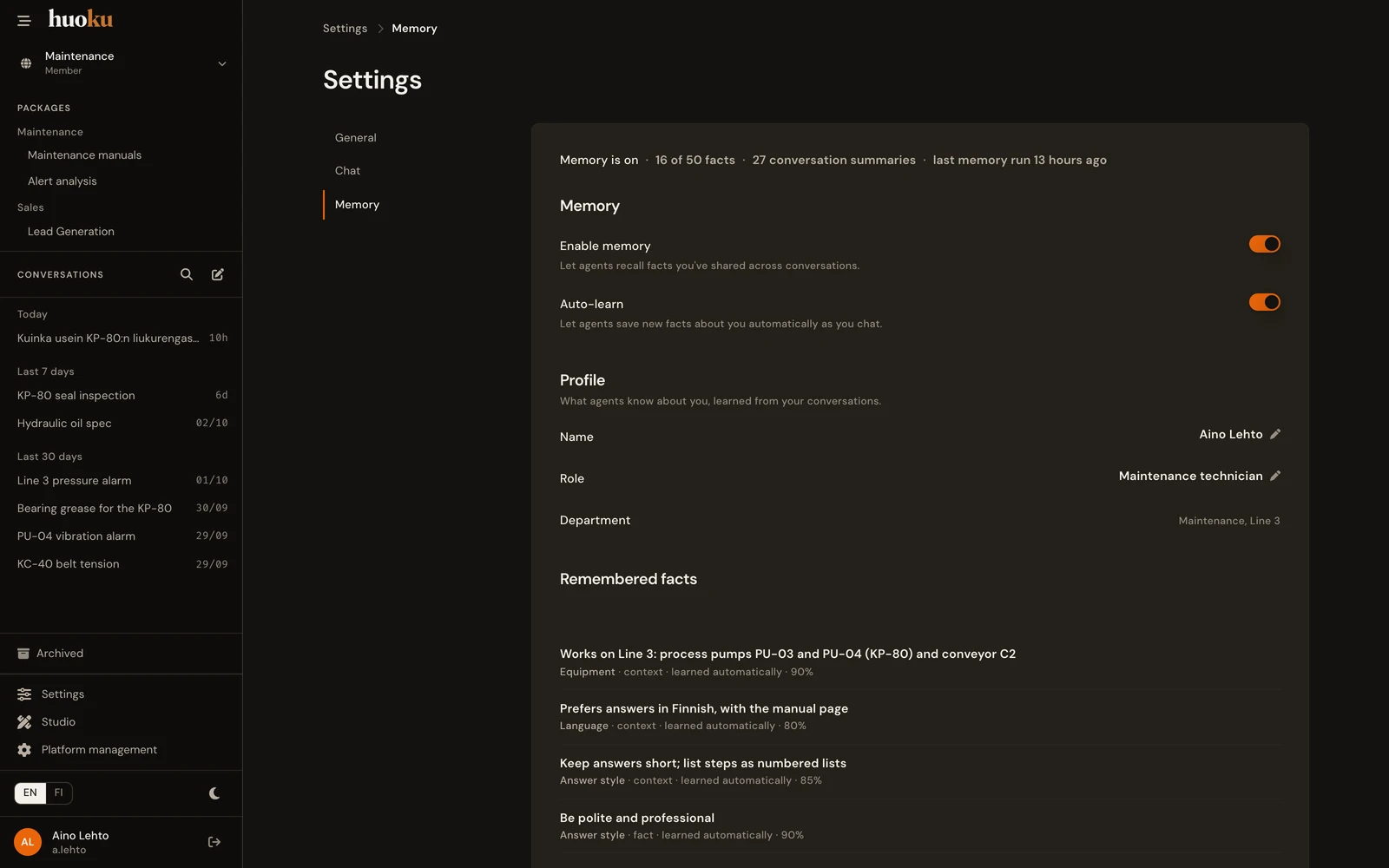 Memory settings: the memory and auto-learn switches, the profile agents know, and remembered facts, each tagged with where it came from.