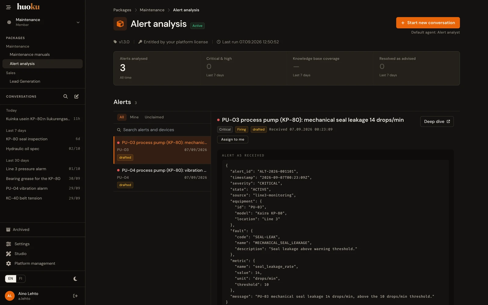 The Alert analysis package's own page: version, licence and status, its counters, and the alerts it is working on.