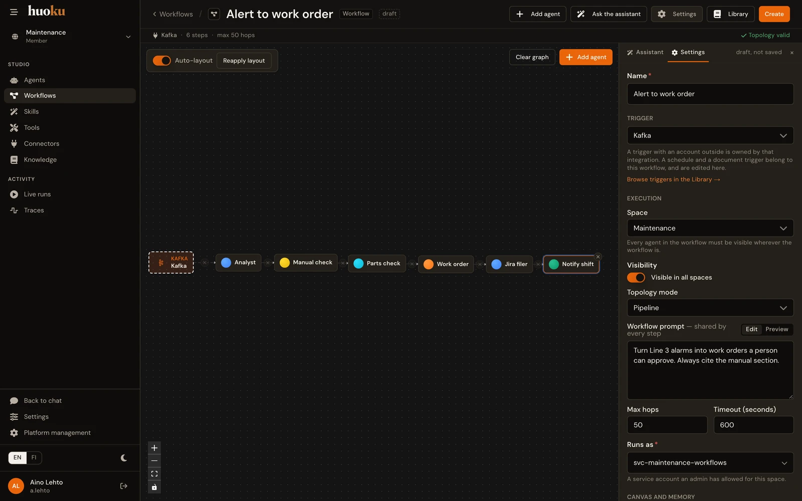Editing a workflow in Studio: a webhook trigger and six agents chained as a pipeline, with the trigger and topology settings beside the canvas.