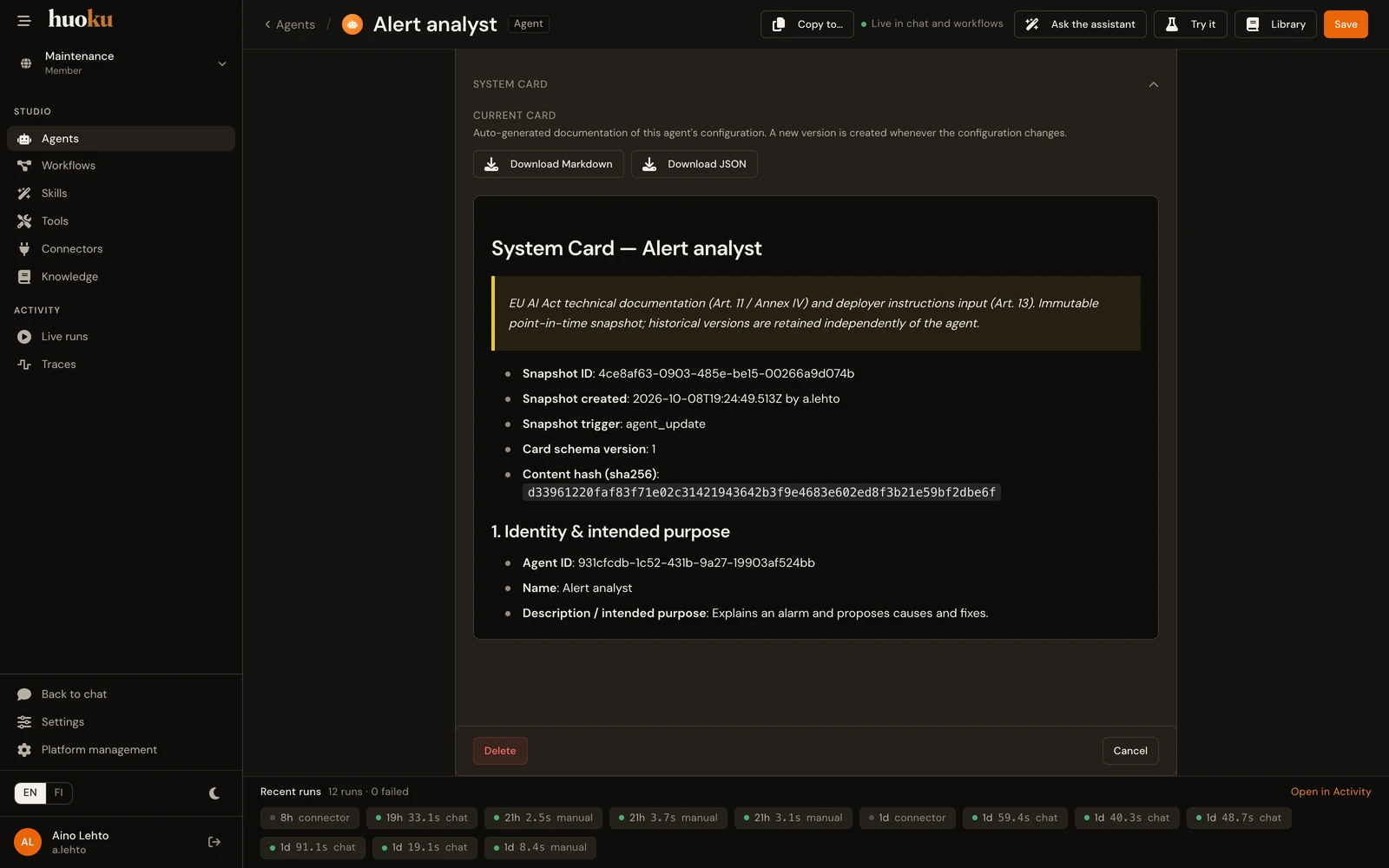An agent's system card: EU AI Act technical documentation (Art. 11, Annex IV), an immutable snapshot with its content hash, and the agent's intended purpose.